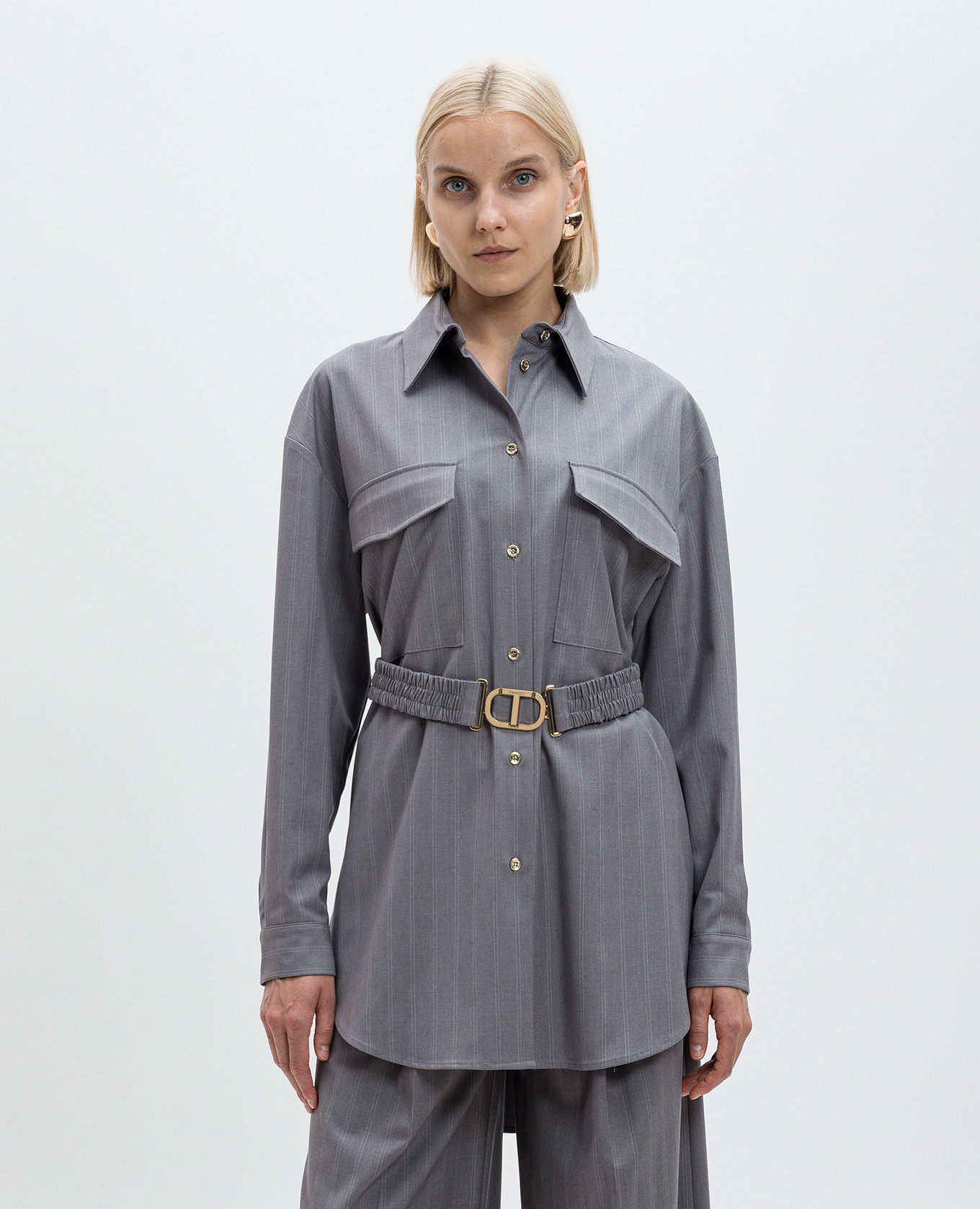 

Gray elongated striped blouse with a belt Twinset, Grey