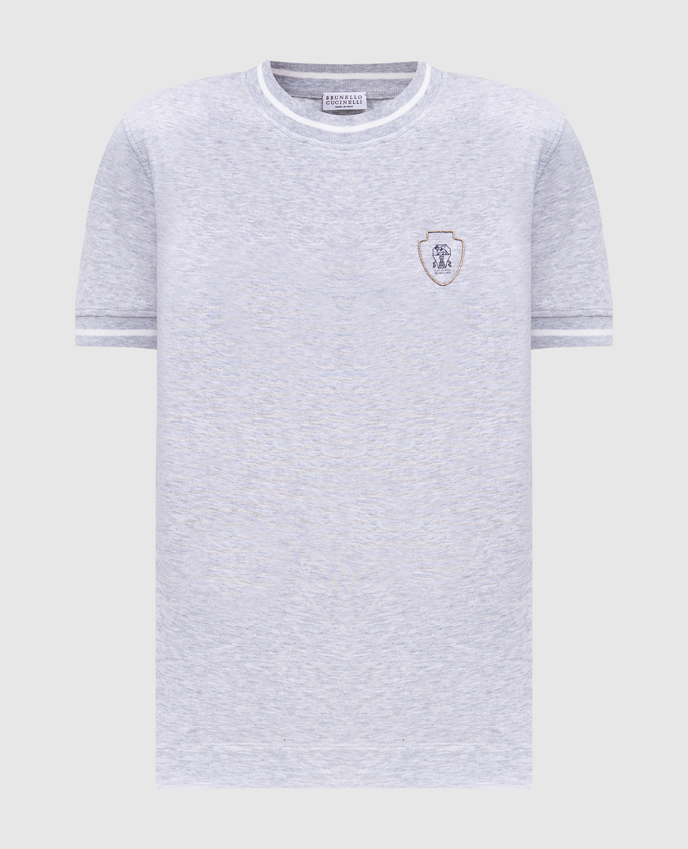 Grey melange T-shirt with logo emblem print Brunello Cucinelli