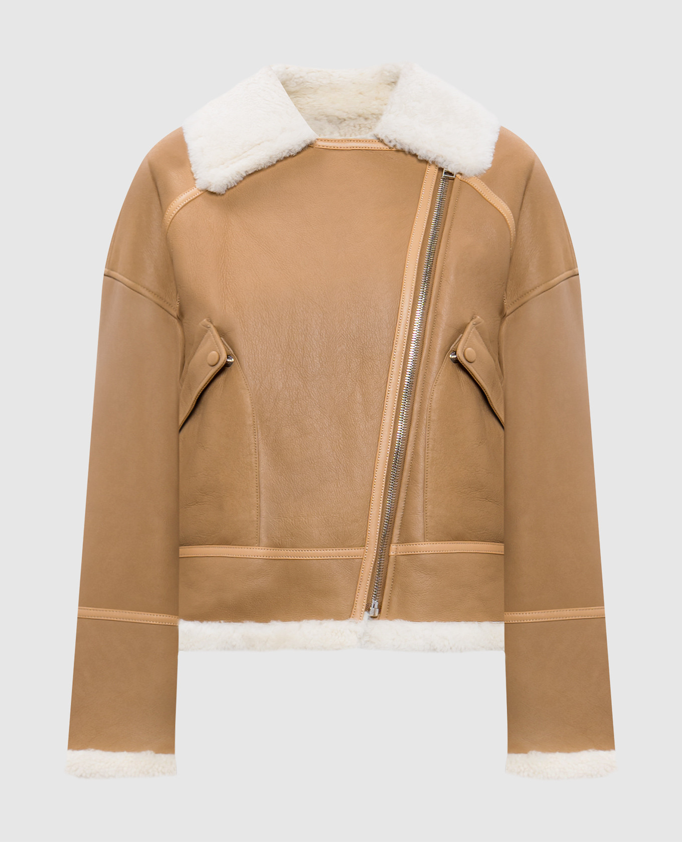Beige sheepskin coat in the style of a cowhide