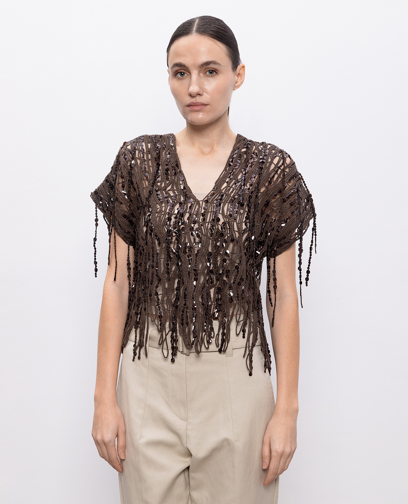 Brown openwork top with sequins Brunello Cucinelli 3