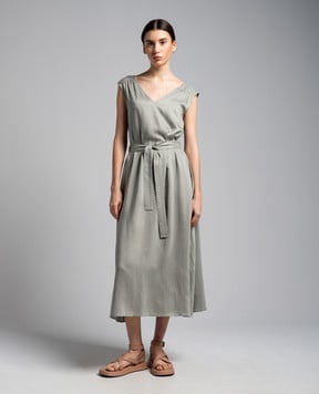 Peserico Green linen striped dress with monil chain S0220801176