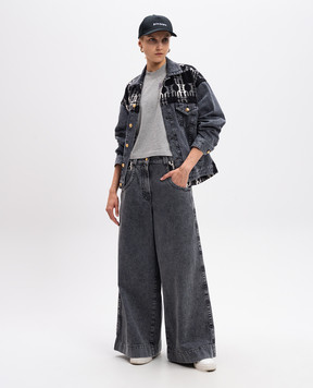 Palm Angels Gray wide leg jeans with a monogram pattern PWYB037F24DEN001