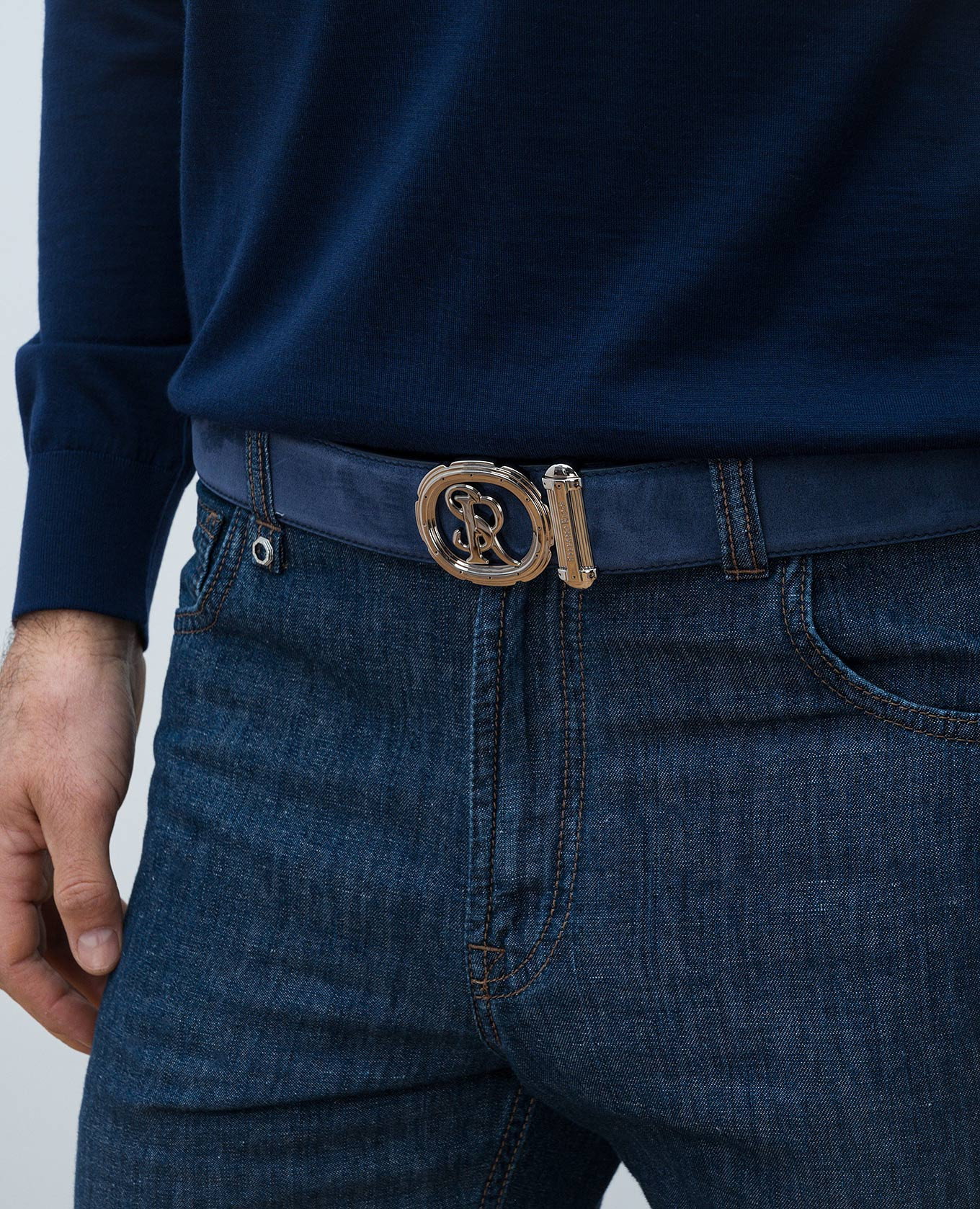 

Blue suede belt with monogram logo Stefano Ricci