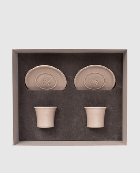 Brunello Cucinelli Set of beige ceramic cups and saucers with logo emblem MLCERB2007