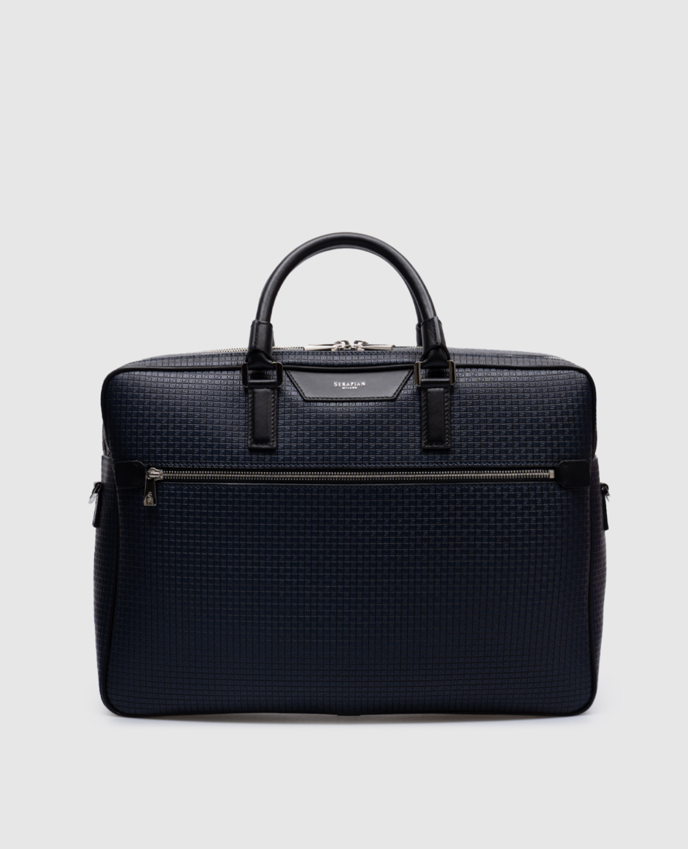 

Blue leather business bag with embossed logo monogram Serapian