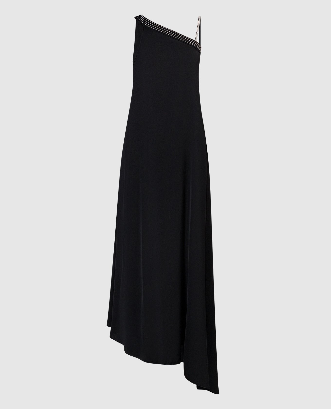 

Black maxi dress of asymmetrical cut with monil chain Peserico