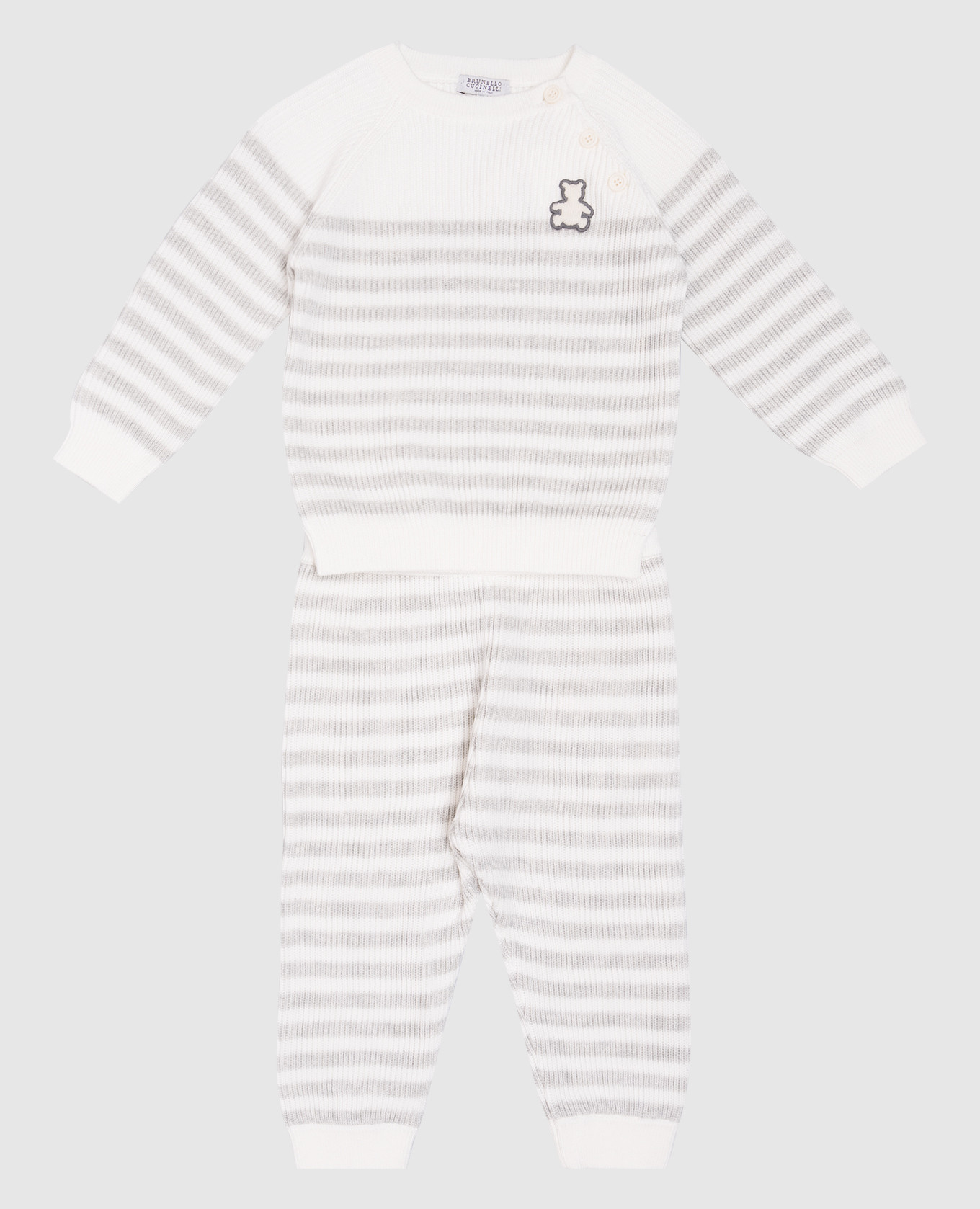 

Children's white suit Baby Bernie with a sweater and striped pants Brunello Cucinelli