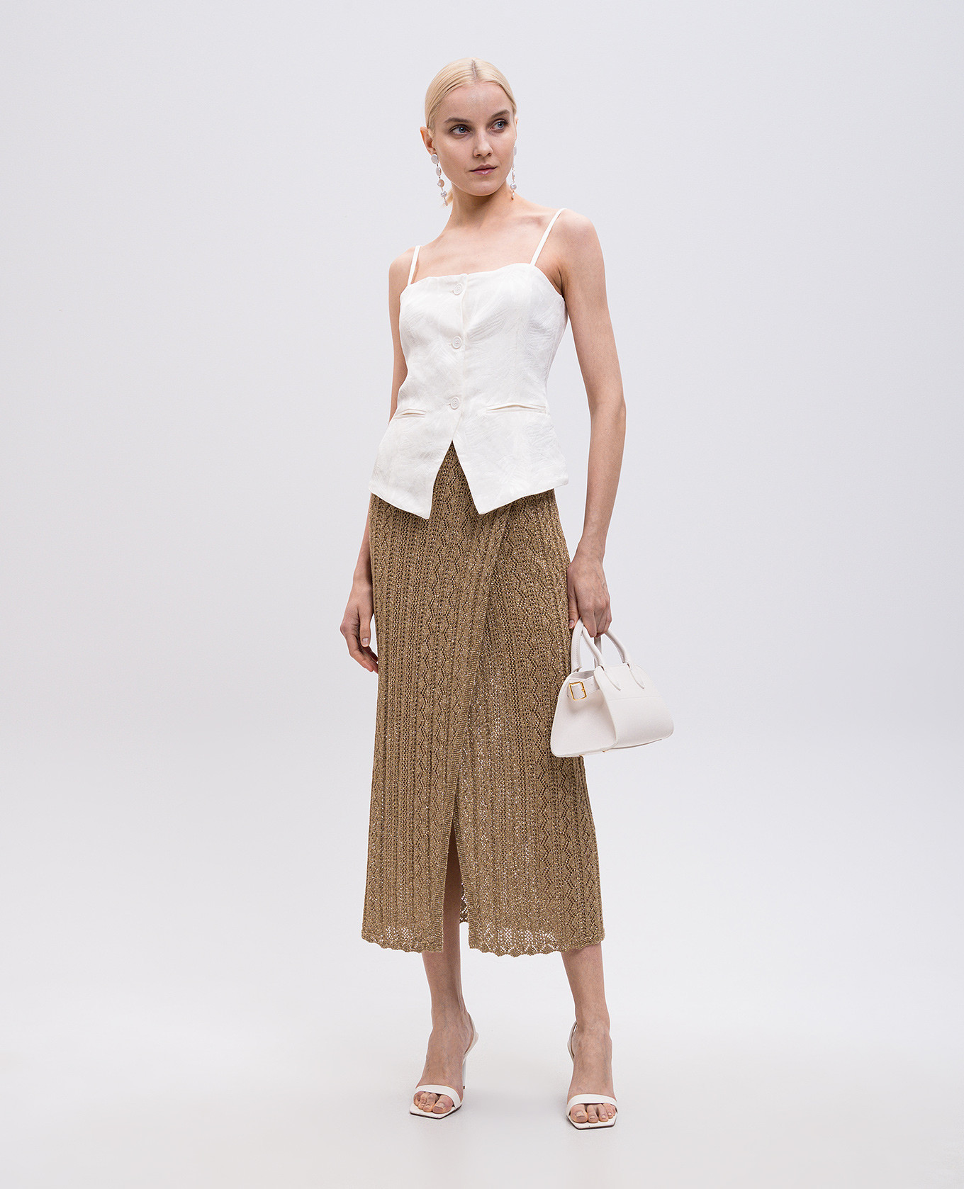 

Beige openwork midi skirt with lurex Twinset