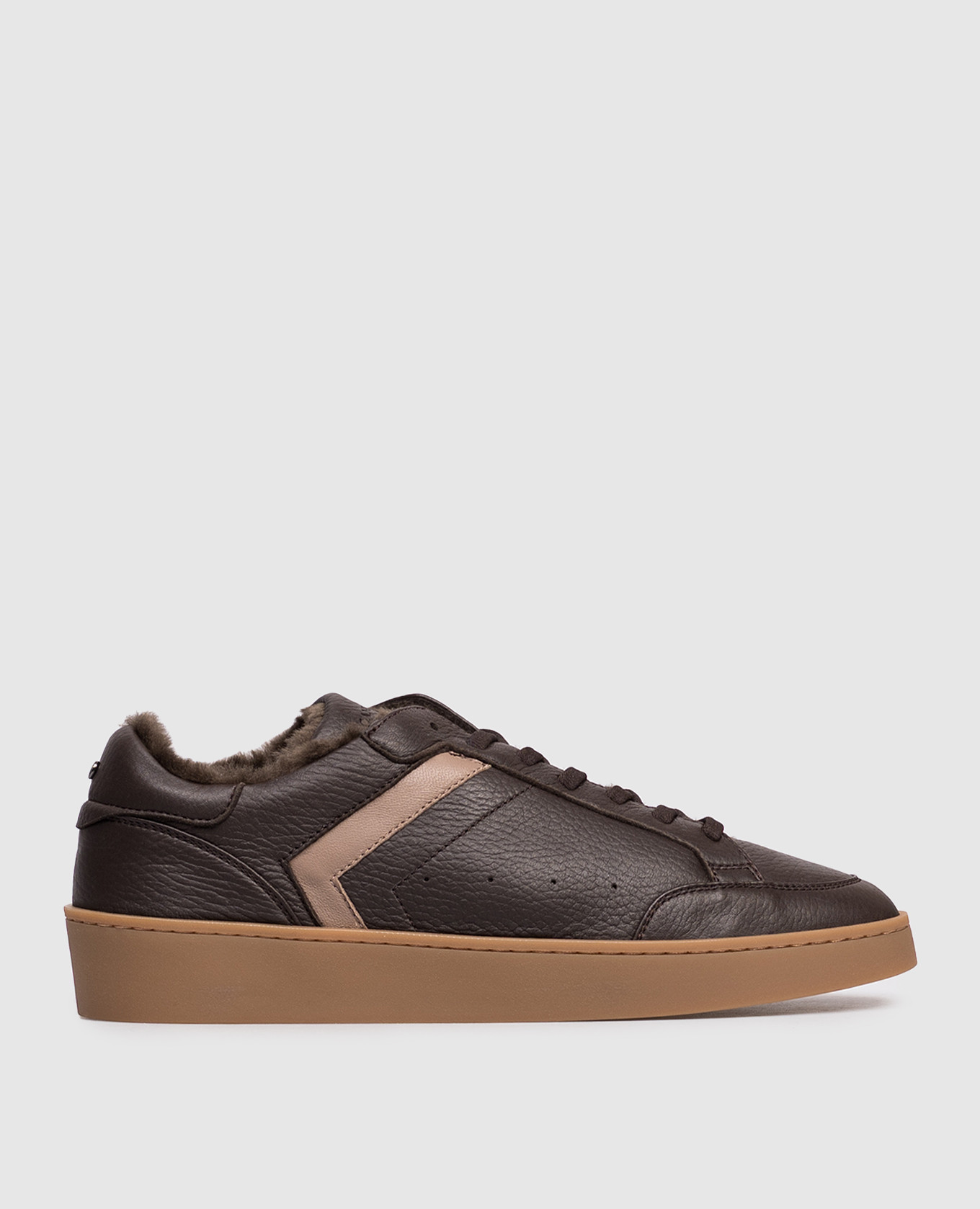 Brown leather sneakers with fur and logo Canali