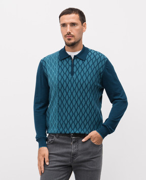 Stefano Ricci Blue wool, cashmere and silk polo shirt with geometric pattern KE04002P30E25362