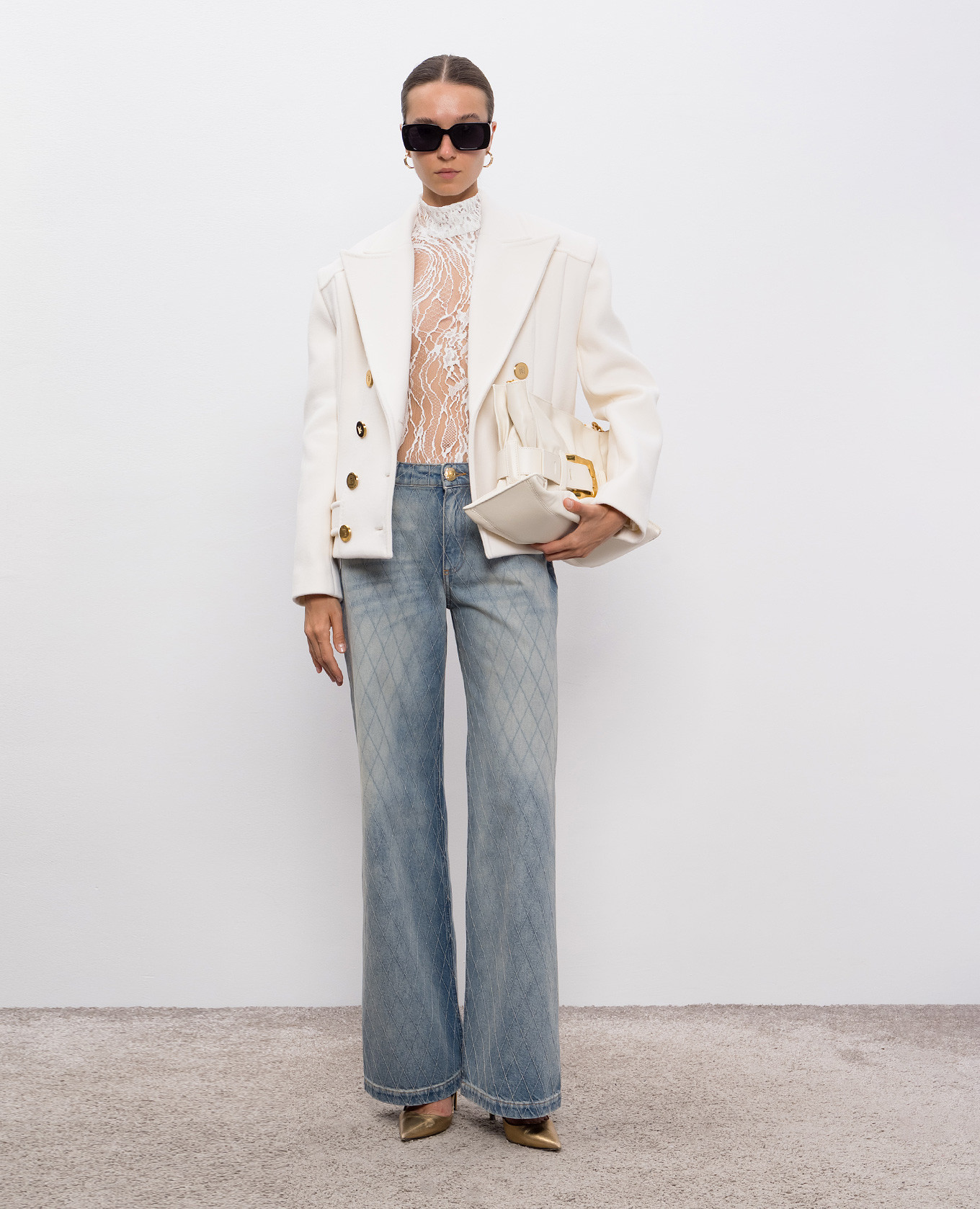 Beige double-breasted cropped coat made of wool and cashmere Balmain 2