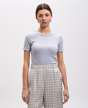 Peserico Gray striped t-shirt with monil chain S06840J005669