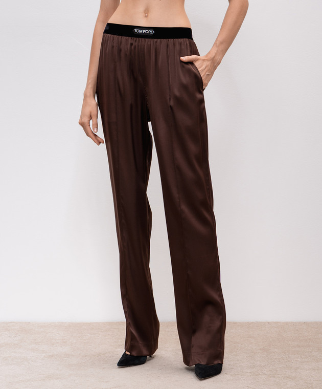 パンツ TOM FORD Woman Pants Brown PAW397FAX881 KB750 Tom Ford - Brown silk trousers with logo patch PAW397FAX881