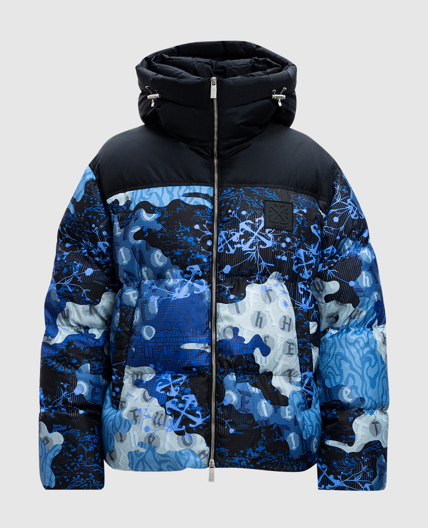 

Blue down jacket in a branded print with a logo Off-White