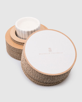 Brunello Cucinelli A white scented candle in a gray striped ceramic candle holder with a logo MLCANMD200