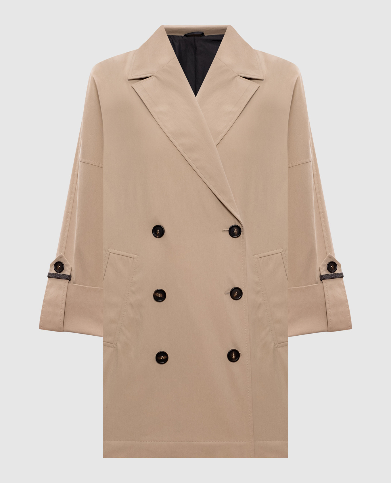 

Beige double-breasted coat with monil chain Brunello Cucinelli