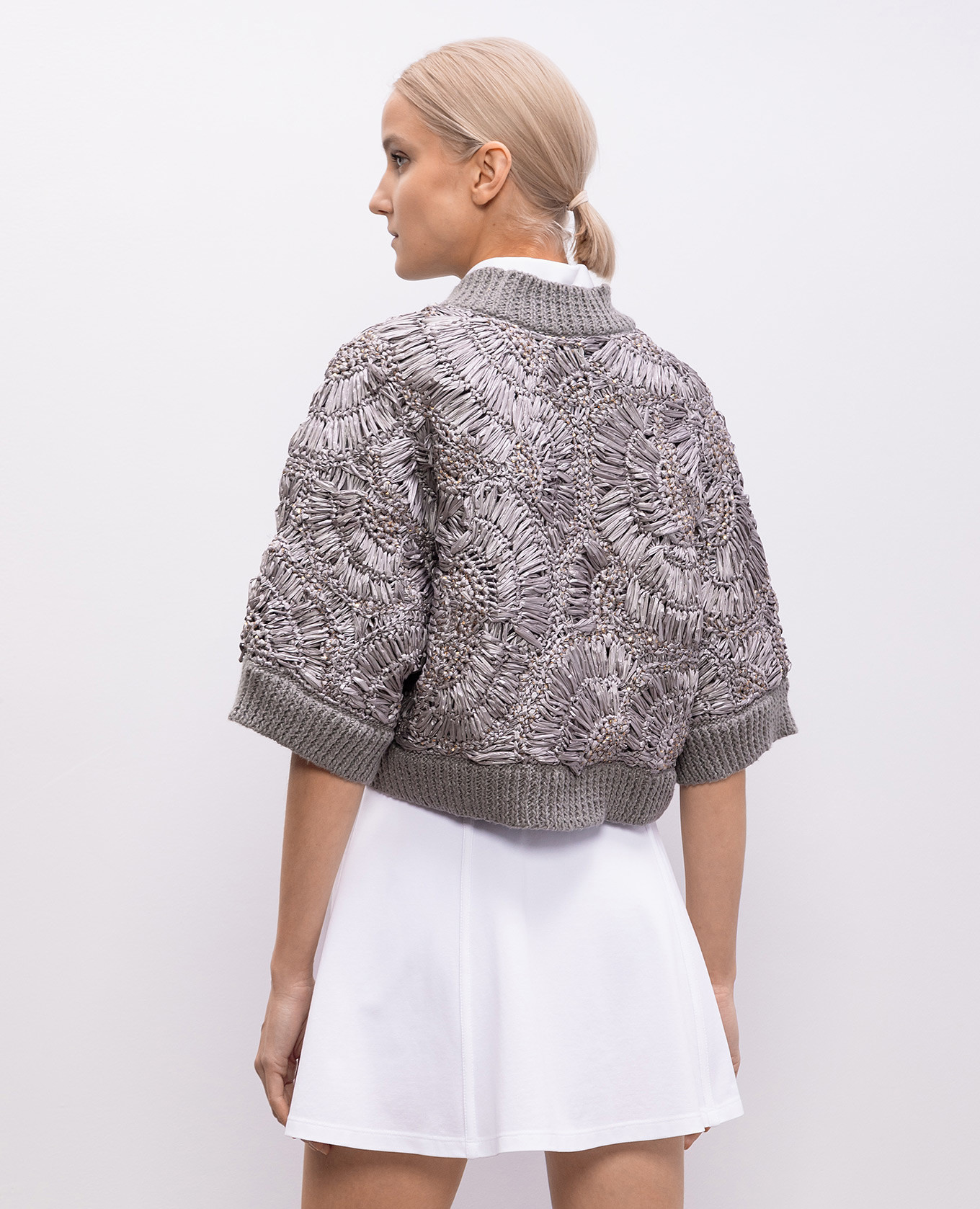 Gray cropped cardigan with braiding Brunello Cucinelli 4