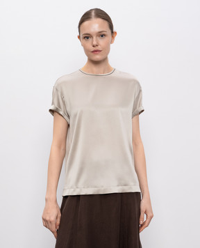 Brunello Cucinelli Gray silk top with monil chain MPC59DE310