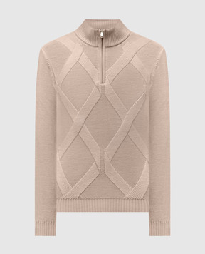 Cashmere&Whiskey Beige merino wool sweater with geometric pattern CH06