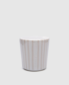 Brunello Cucinelli White scented candle in a striped ceramic candle holder with logo MLCANMD200