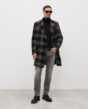 Exibit Black double-breasted coat with checked wool CPD820
