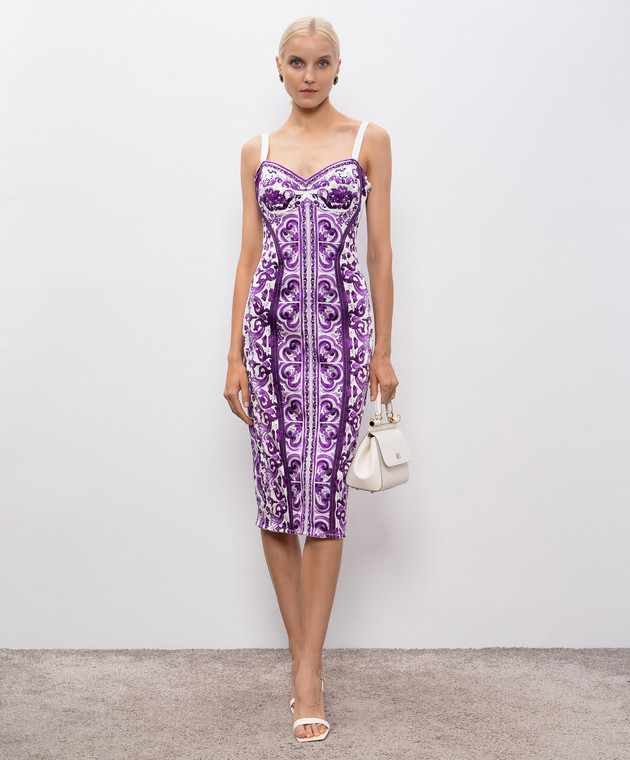 Dolce&Gabbana - Abito tubino midi bianco con stampa maiolica