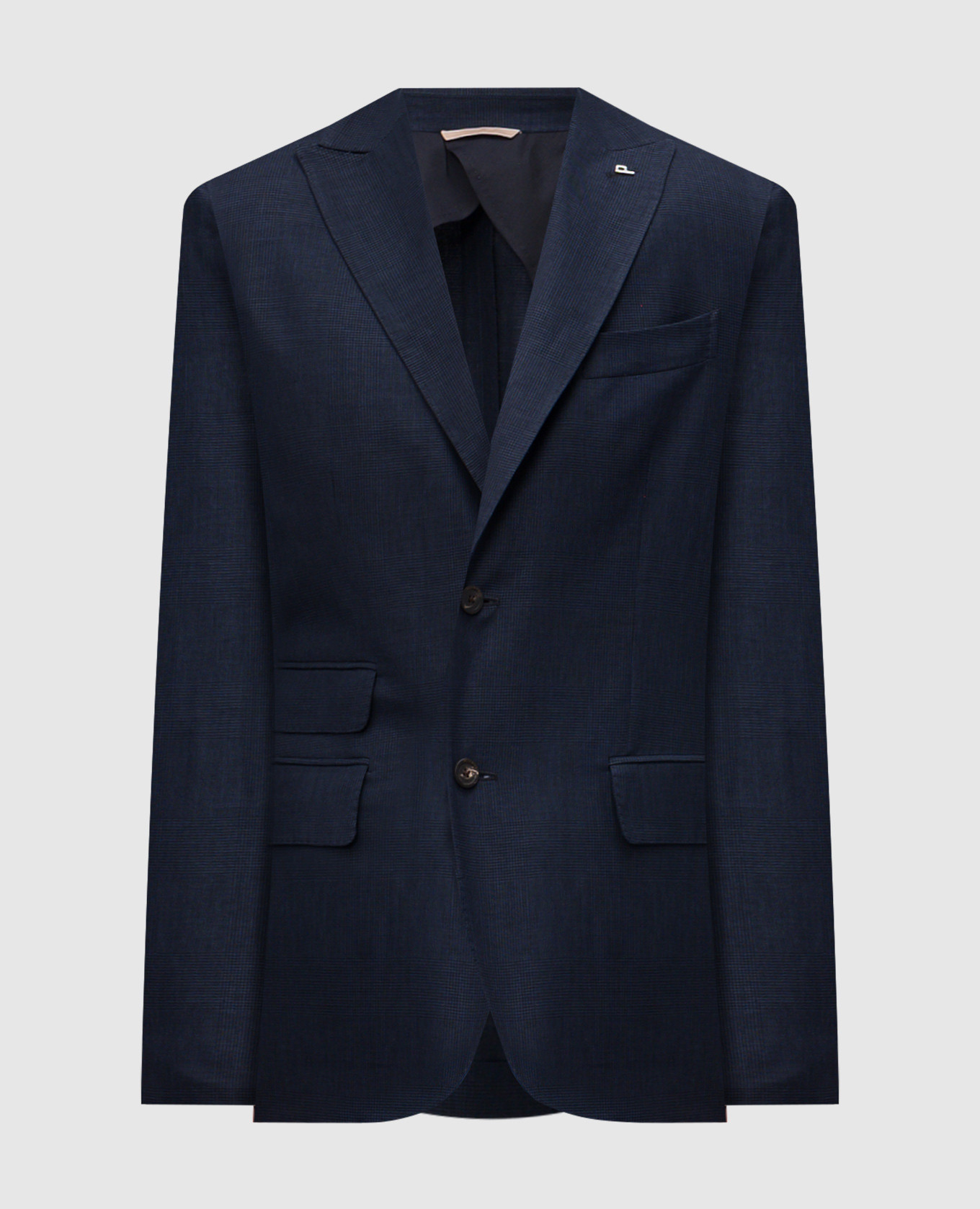 Blue double-breasted checked wool, linen and silk jacket Peserico