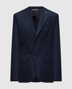 Peserico Blue double-breasted checked wool, linen and silk jacket R5102308270
