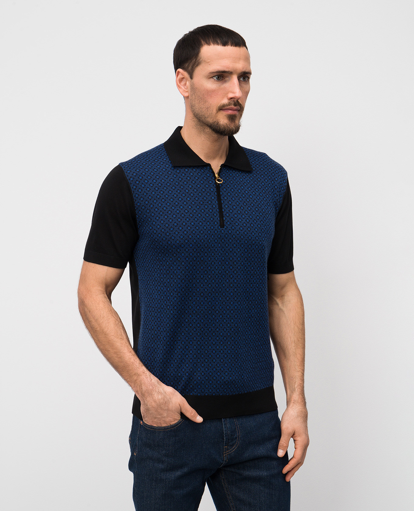 

Black cashmere polo shirt with pattern Stefano Ricci