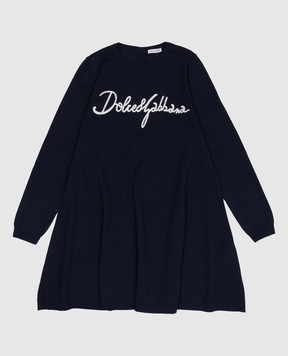 Dolce&Gabbana Children's blue wool dress with logo embroidery L5KD37JCVV056