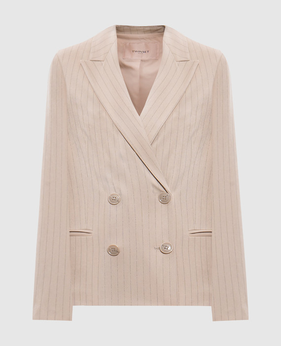 Beige double-breasted jacket in a stripe with lurex