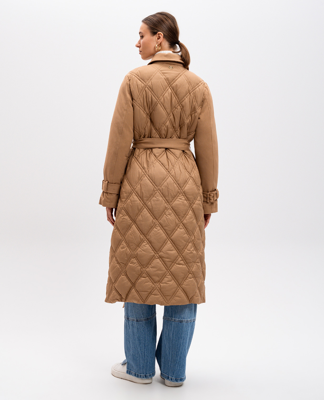 

Brown double breasted quilted coat with metallic logo Twinset
