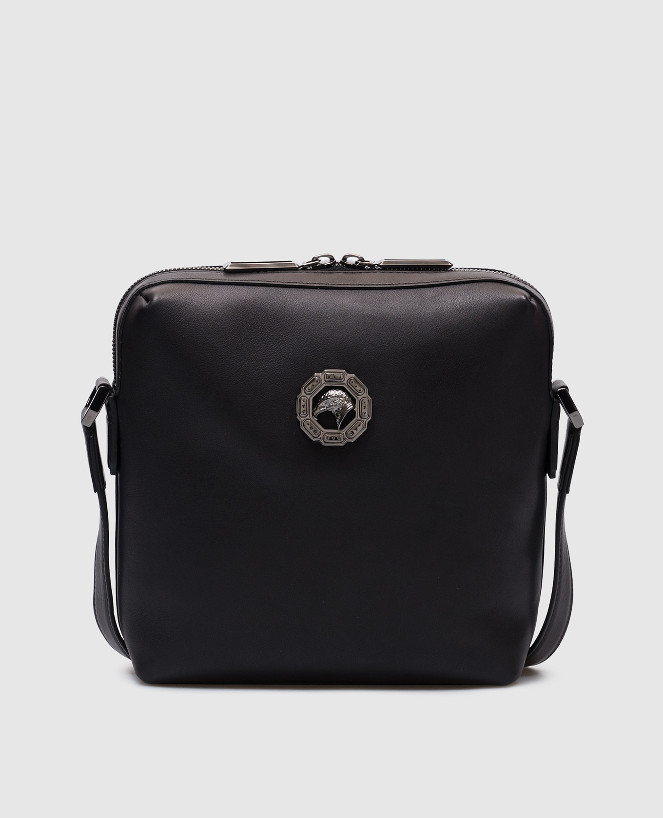 

Black leather messenger bag with metal eagle head emblem Stefano Ricci