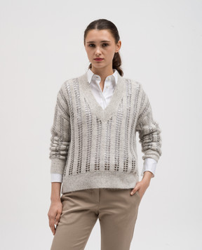 Brunello Cucinelli Gray openwork pullover made of wool with sequins MCM510612P