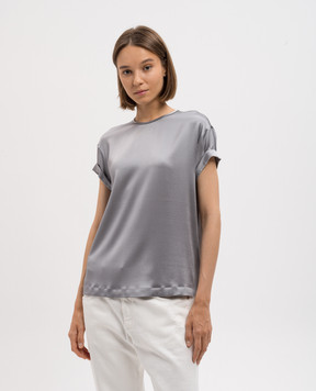 Brunello Cucinelli Gray silk top with monil chain MPC59DE310