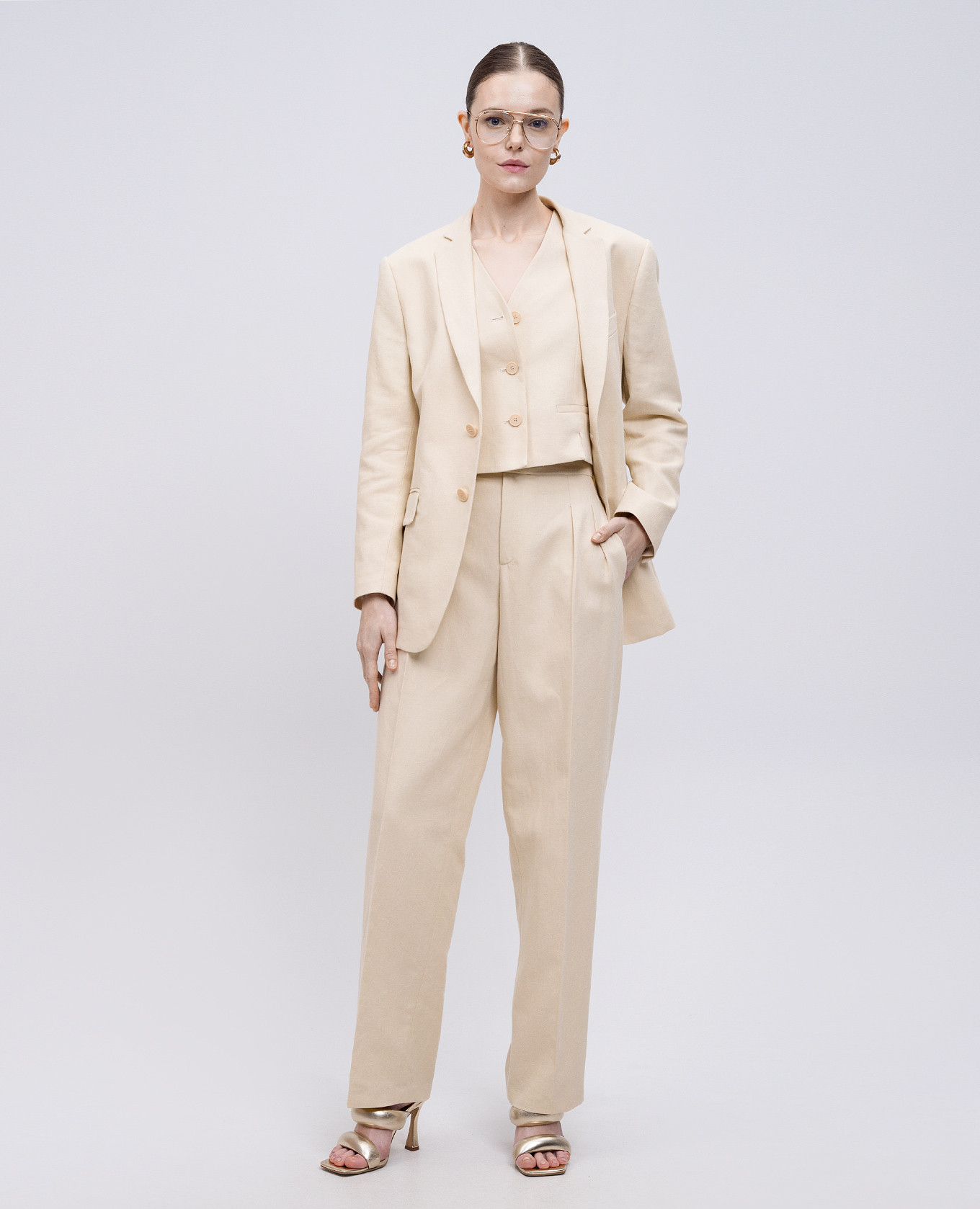 Beige linen jacket with logo emblem Twinset 2