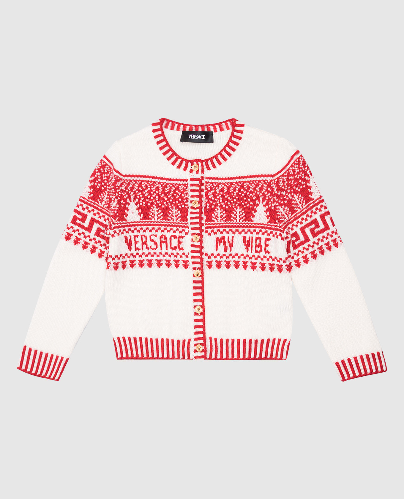 Children&#39;s white jacquard Fair Isle wool cardigan Versace