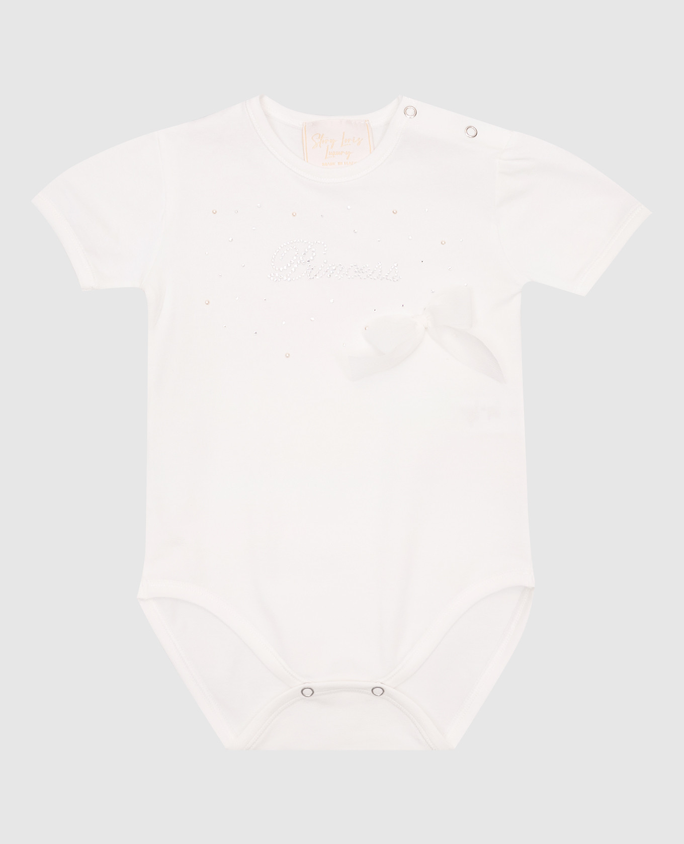 

Baby white set with bodysuit, booties and headband with crystals Story Loris