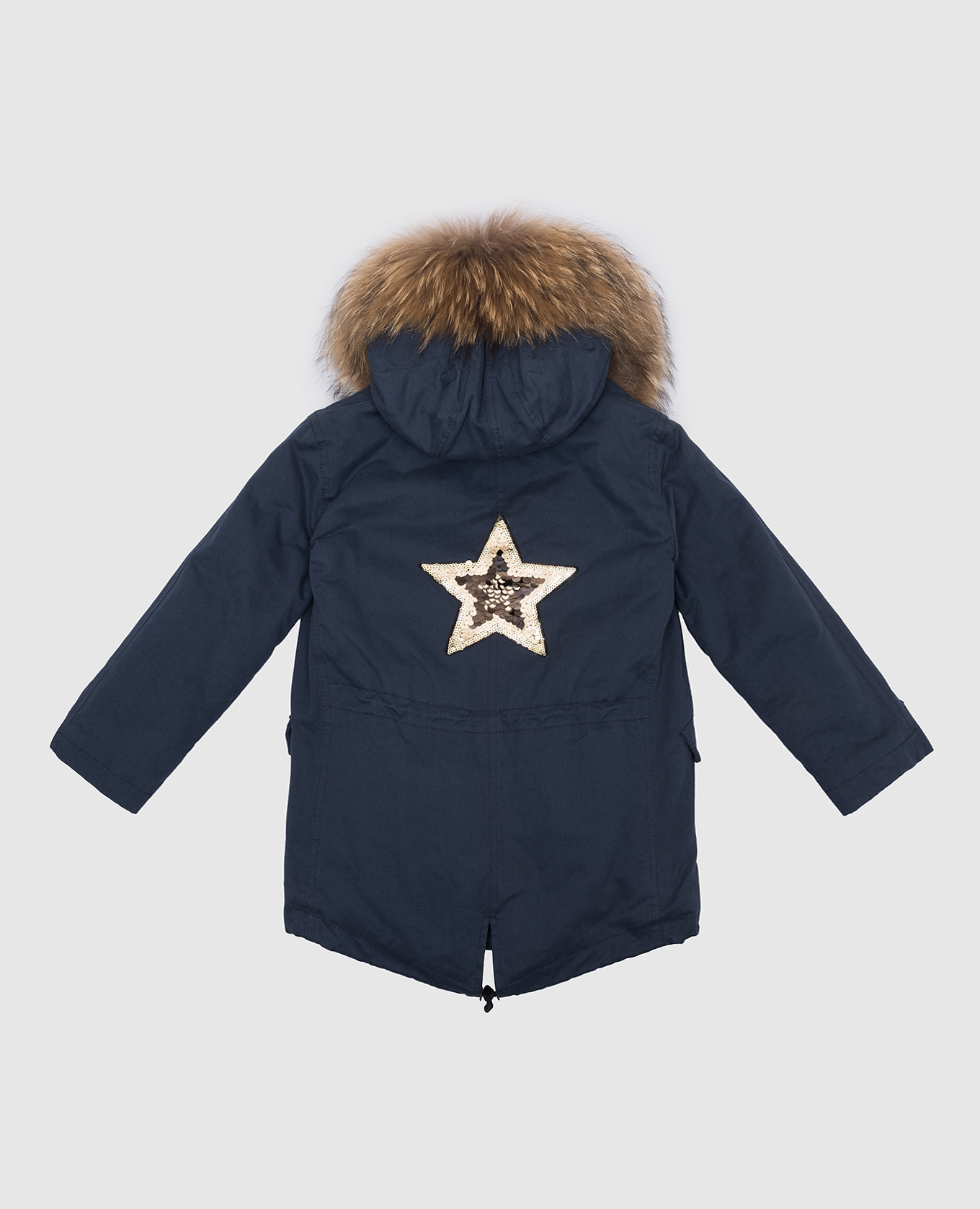Children's blue fox fur parka with branded patches Marco del Forte