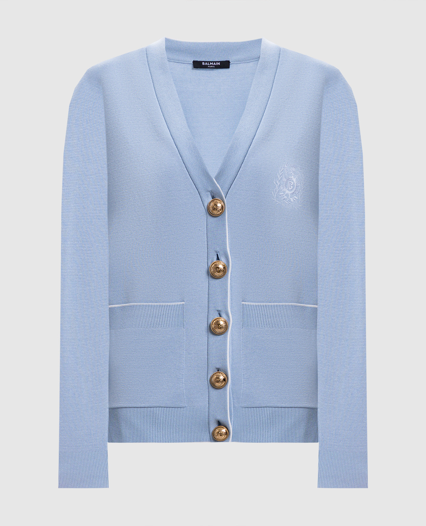 

Blue silk cardigan with embroidered emblem Balmain, Light blue