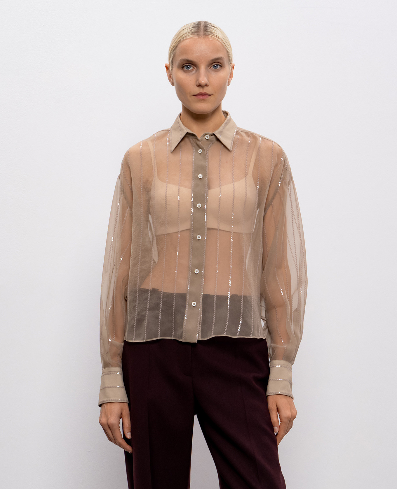 

Beige silk blouse with sequin stripes Brunello Cucinelli