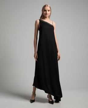 Peserico Black maxi dress of asymmetrical cut with monil chain E0234001940