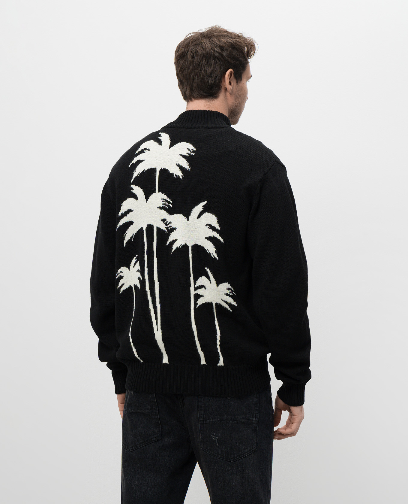 Black merino wool cardigan with woven palm tree pattern Palm Angels 4