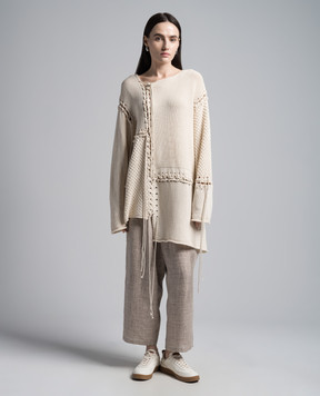 Y`S Yamamoto Beige elongated jumper of asymmetric cut with lacing YSK06082