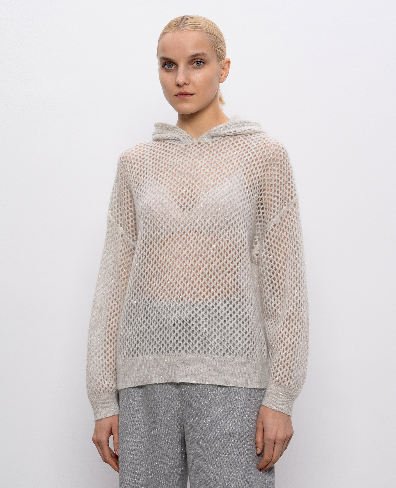 

Gray openwork hoodie with wool Brunello Cucinelli, Grey