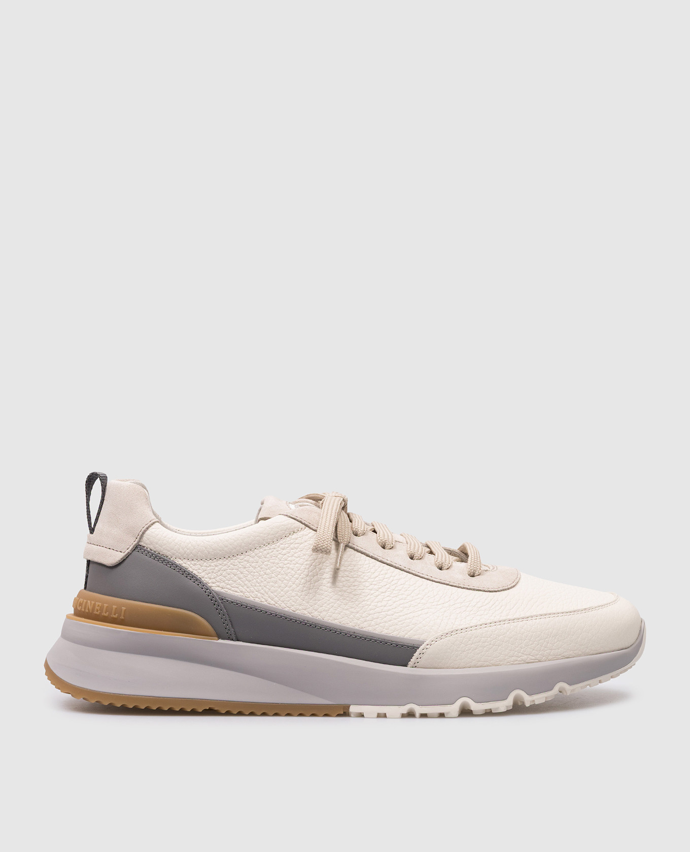 Beige leather sneakers with textured logo brunello cucinelli