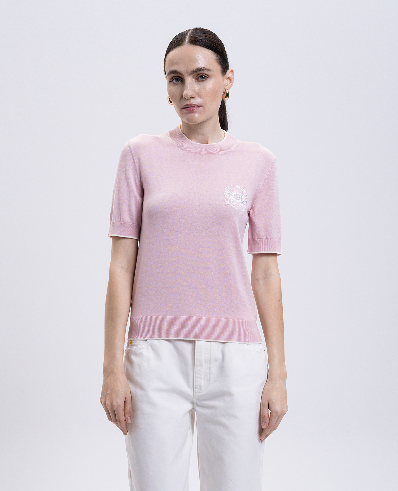 

Pink silk top with embroidered emblem Balmain