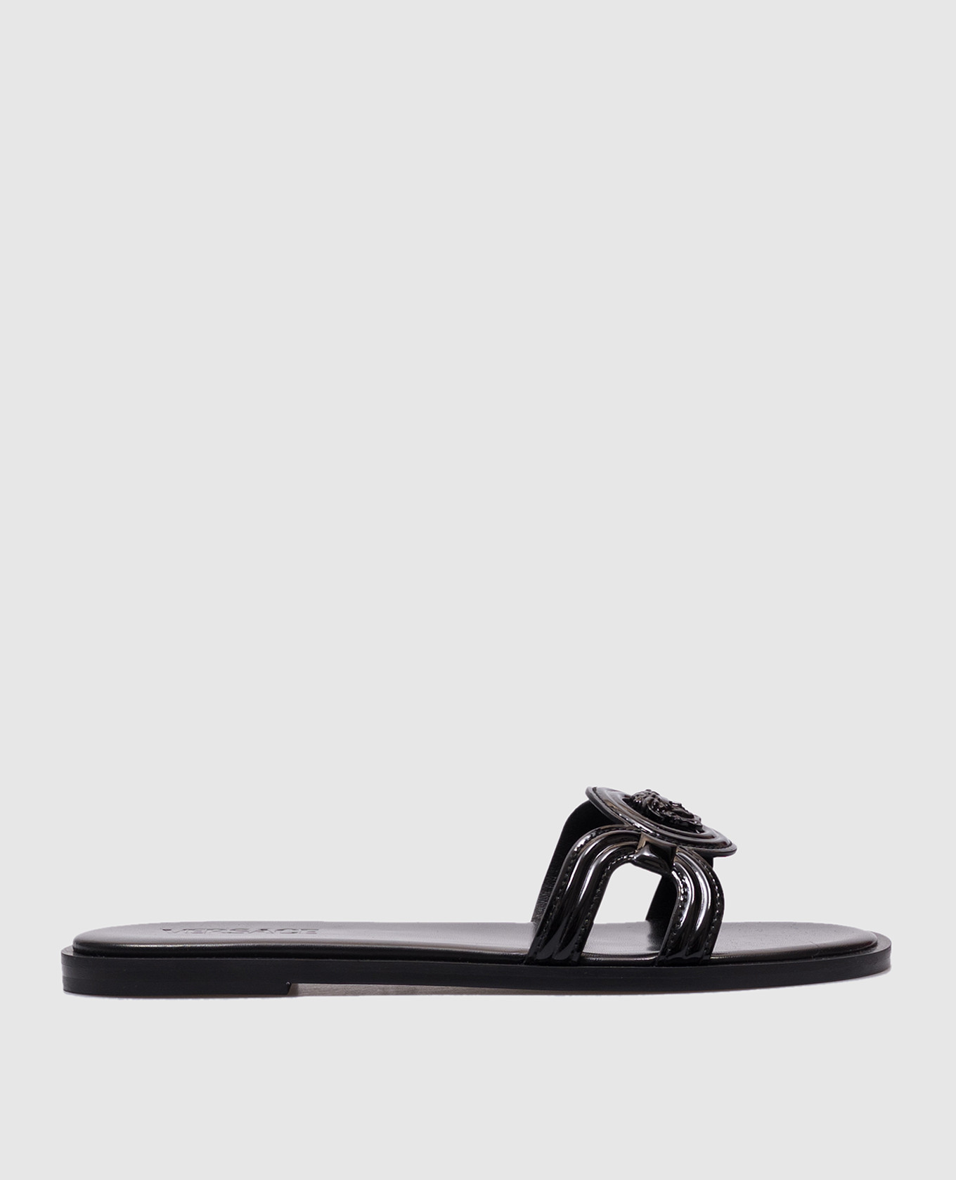 Black leather flip-flops with logo emblem Versace