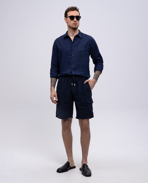 Vilebrequin Blue linen shirt with embroidered logo emblem CRSU3U00
