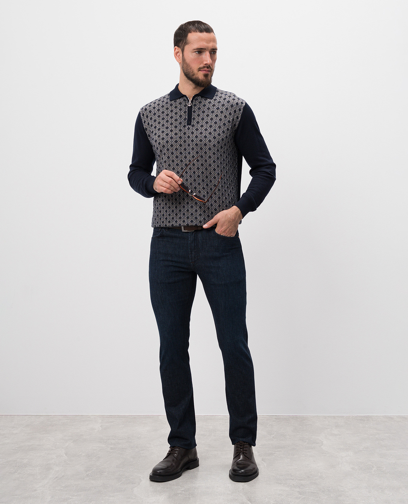 

Blue cashmere and silk polo with patterned metallic logo Stefano Ricci